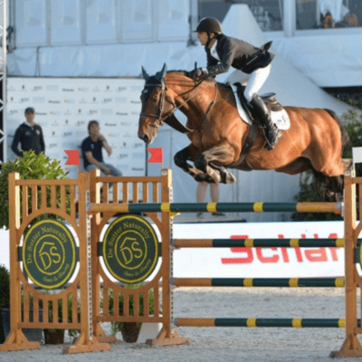 A horse rider and his horse jumping over an obstacle at a competition
