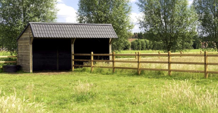 A double wooden horse shelter with black tiles connected to 3-rail wooden fences